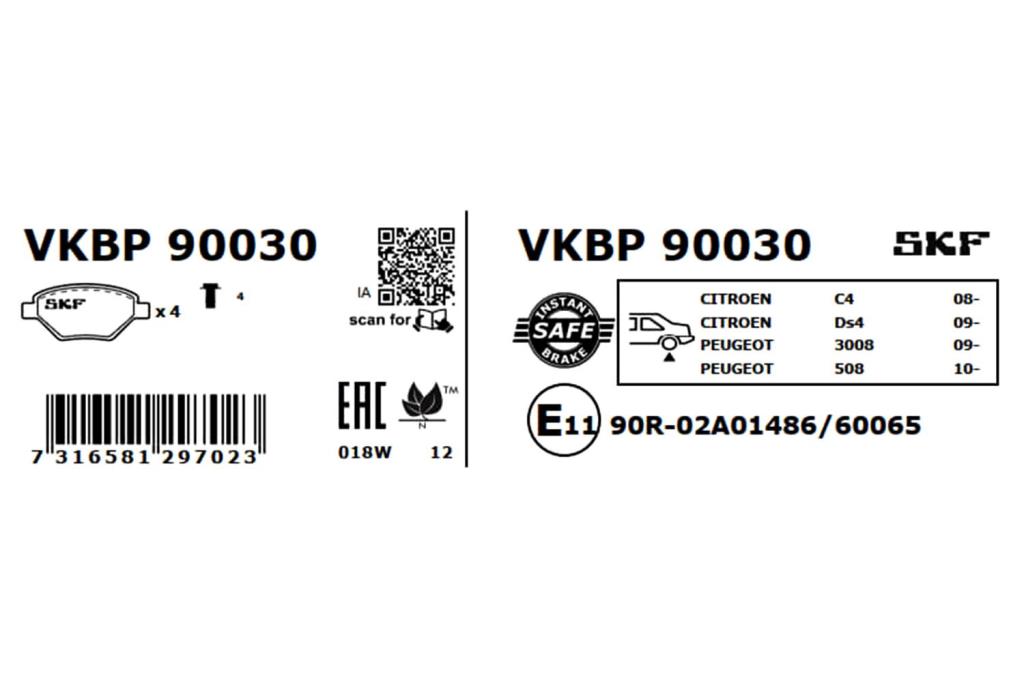 Jogo de 4 pastilhas de travão SKF ref. VKBP 90030